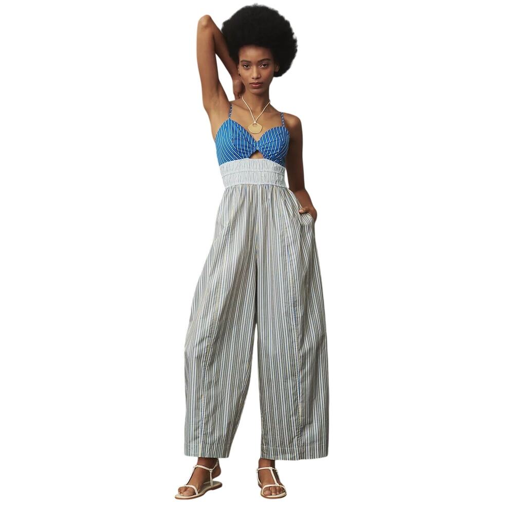 Anthropologie Plenty by Tracy Reese Blue Striped Poplin Jumpsuit Wide Leg Size M